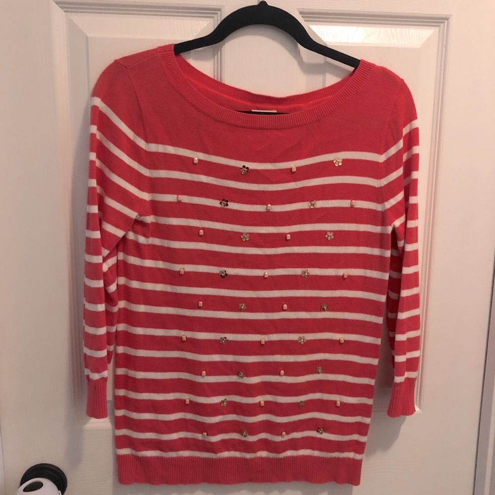 J. Crew pink striped jeweled 3/4 sleeve sweater. Sz. S VGUC